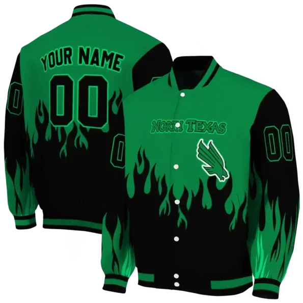 customized north texas mean green flame border green black varsity jacket fashion forward.webp