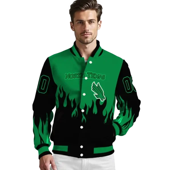 customized north texas mean green flame border green black varsity jacket high quality.webp