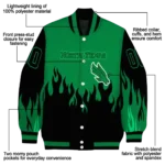 customized north texas mean green flame border green black varsity jacket best selling.webp