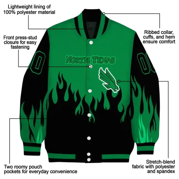 customized north texas mean green flame border green black varsity jacket new arrival.webp