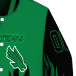 customized north texas mean green flame border green black varsity jacket best selling.webp