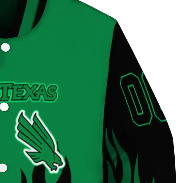 customized north texas mean green flame border green black varsity jacket premium grade.webp