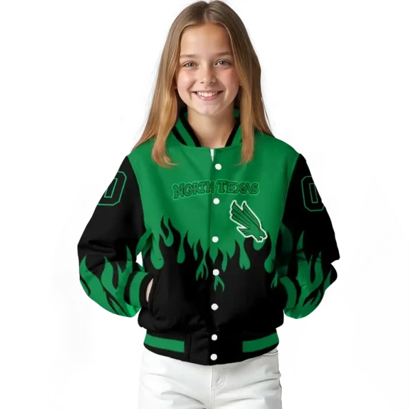 customized north texas mean green flame border green black varsity jacket top rated.webp