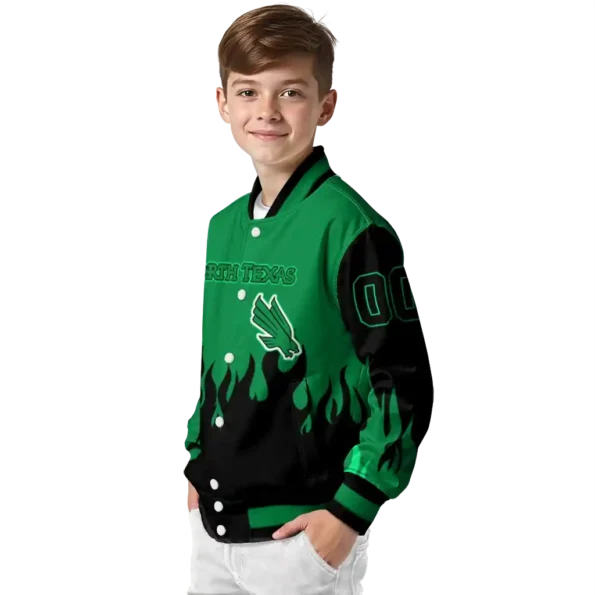 customized north texas mean green flame border green black varsity jacket trendy.webp