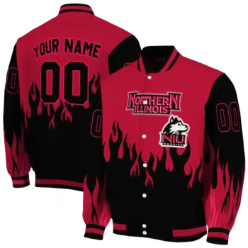 customized northern illinois huskies flame border red black varsity jacket fashion forward.webp