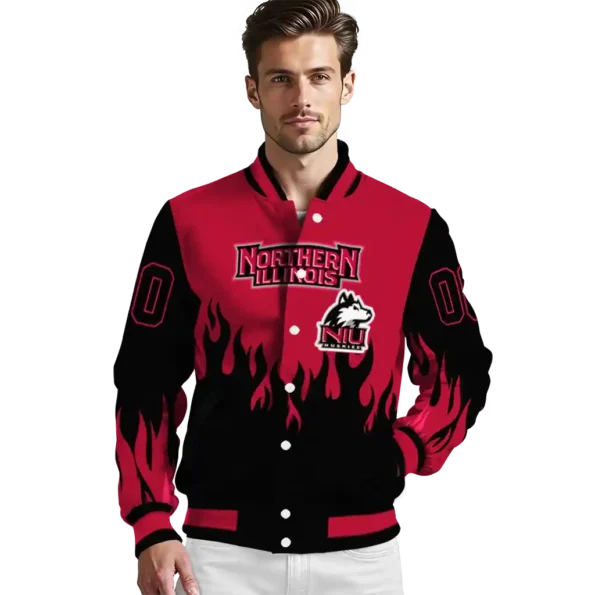 customized northern illinois huskies flame border red black varsity jacket high quality.webp