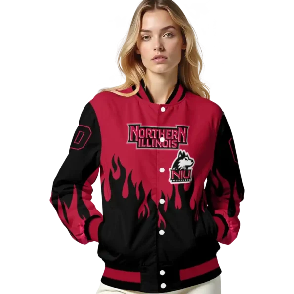 customized northern illinois huskies flame border red black varsity jacket latest model.webp