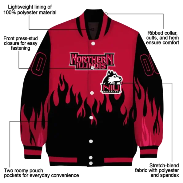 customized northern illinois huskies flame border red black varsity jacket new arrival.webp