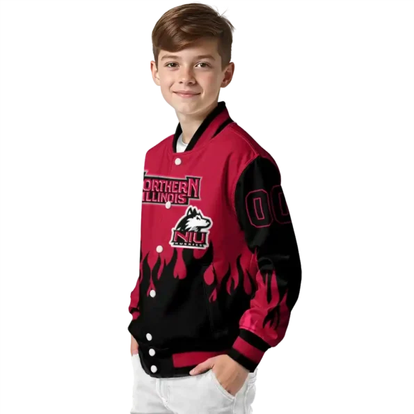 customized northern illinois huskies flame border red black varsity jacket trendy.webp