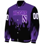 customized northwestern wildcats flame border purple black varsity jacket best selling.webp
