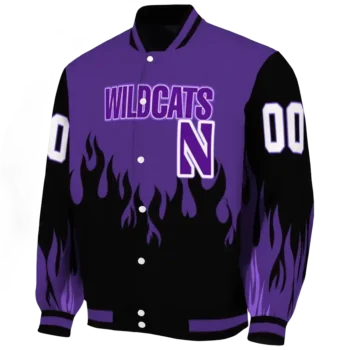 customized northwestern wildcats flame border purple black varsity jacket best selling.webp