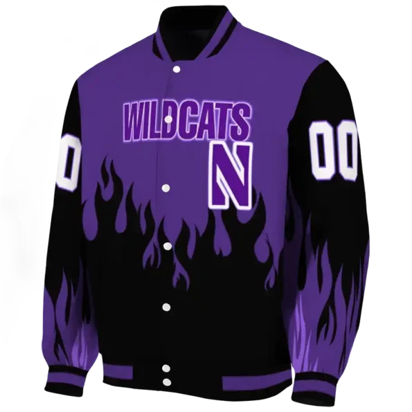 customized northwestern wildcats flame border purple black varsity jacket best selling.webp