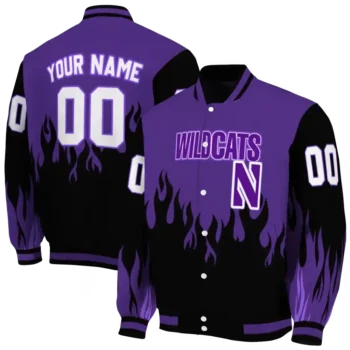 customized northwestern wildcats flame border purple black varsity jacket fashion forward.webp