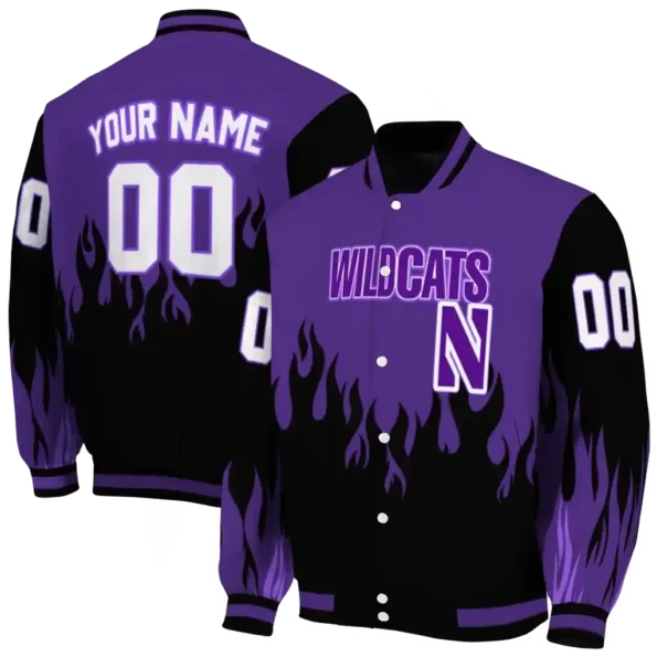 customized northwestern wildcats flame border purple black varsity jacket fashion forward.webp