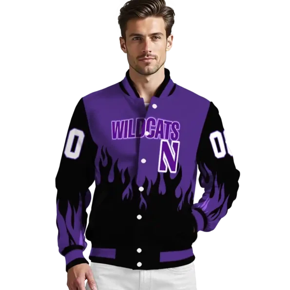 customized northwestern wildcats flame border purple black varsity jacket high quality.webp