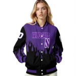 customized northwestern wildcats flame border purple black varsity jacket best selling.webp