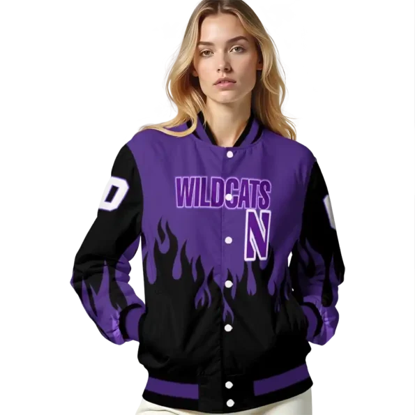 customized northwestern wildcats flame border purple black varsity jacket latest model.webp