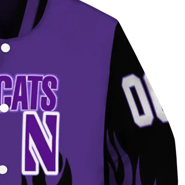 customized northwestern wildcats flame border purple black varsity jacket premium grade.webp