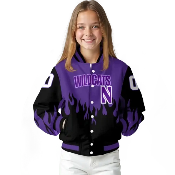customized northwestern wildcats flame border purple black varsity jacket top rated.webp