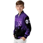 customized northwestern wildcats flame border purple black varsity jacket best selling.webp