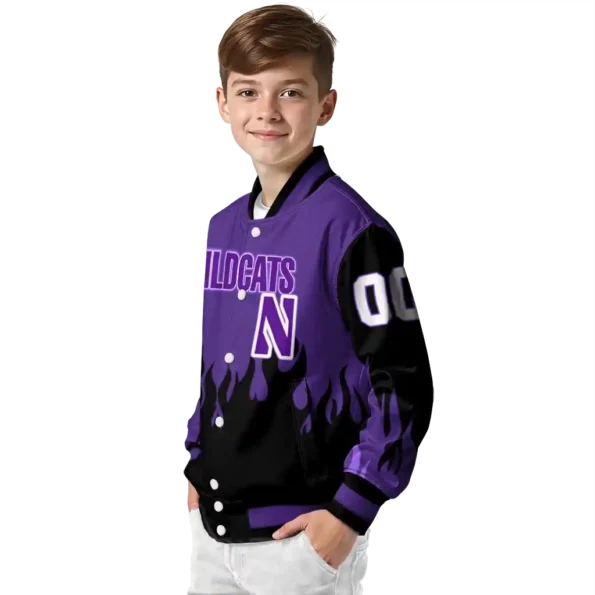 customized northwestern wildcats flame border purple black varsity jacket trendy.webp