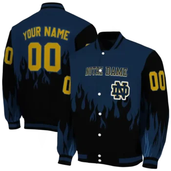 customized notre dame fighting irish flame border navy black varsity jacket fashion forward.webp