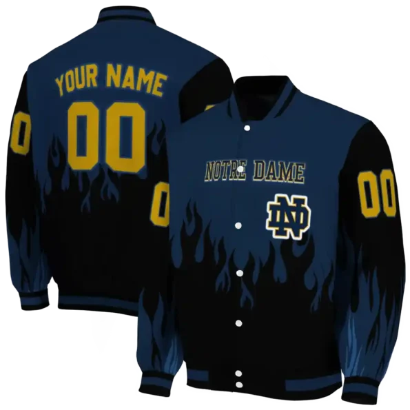 customized notre dame fighting irish flame border navy black varsity jacket fashion forward.webp