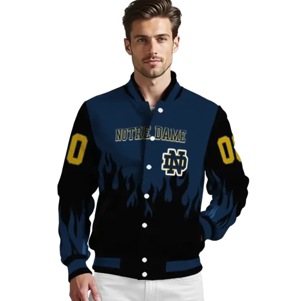 customized notre dame fighting irish flame border navy black varsity jacket high quality.webp