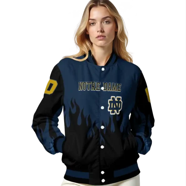 customized notre dame fighting irish flame border navy black varsity jacket latest model.webp