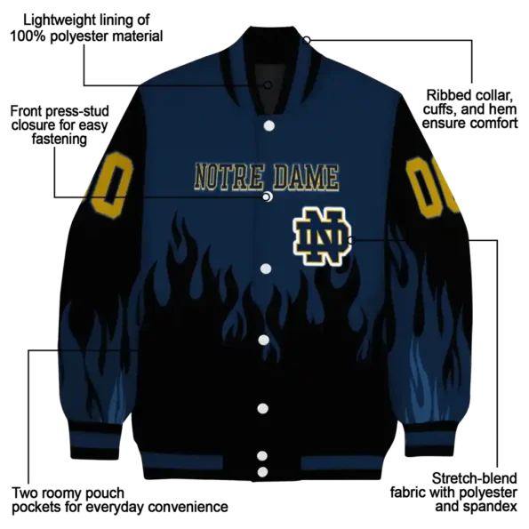 customized notre dame fighting irish flame border navy black varsity jacket new arrival.webp