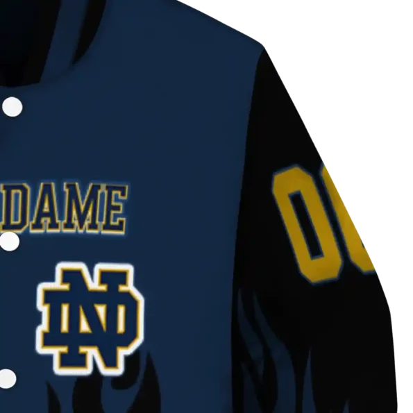 customized notre dame fighting irish flame border navy black varsity jacket premium grade.webp