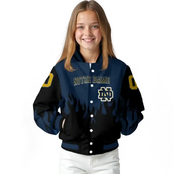customized notre dame fighting irish flame border navy black varsity jacket top rated.webp