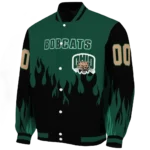 customized ohio bobcats flame border green black varsity jacket best selling.webp