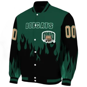 customized ohio bobcats flame border green black varsity jacket best selling.webp