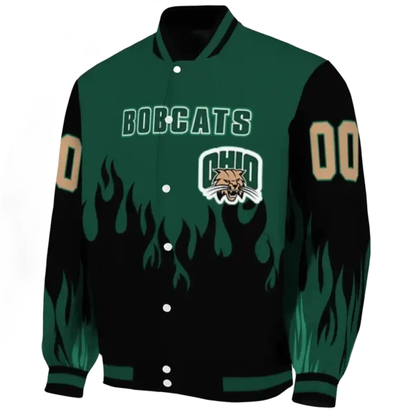 customized ohio bobcats flame border green black varsity jacket best selling.webp