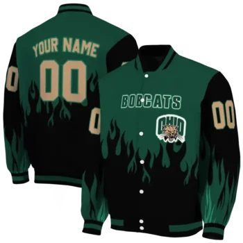 customized ohio bobcats flame border green black varsity jacket fashion forward.webp