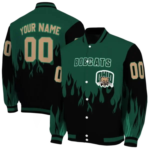 customized ohio bobcats flame border green black varsity jacket fashion forward.webp