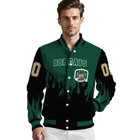 customized ohio bobcats flame border green black varsity jacket high quality.webp