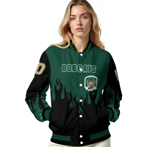 customized ohio bobcats flame border green black varsity jacket latest model.webp