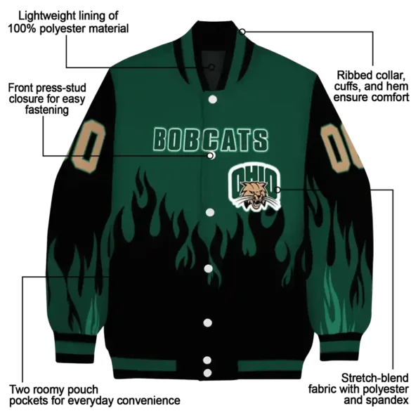 customized ohio bobcats flame border green black varsity jacket new arrival.webp