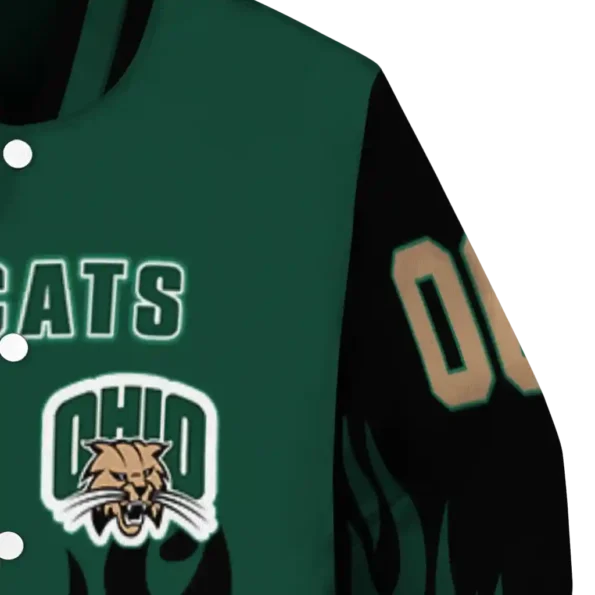 customized ohio bobcats flame border green black varsity jacket premium grade.webp