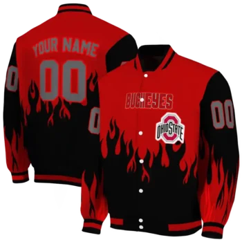 customized ohio state buckeyes flame border scarlet black varsity jacket fashion forward.webp