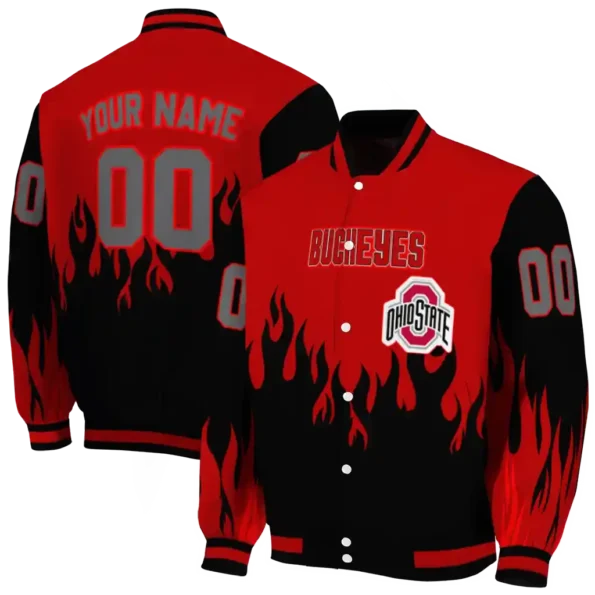 customized ohio state buckeyes flame border scarlet black varsity jacket fashion forward.webp