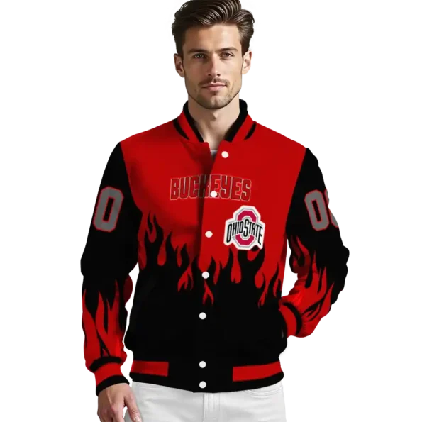 customized ohio state buckeyes flame border scarlet black varsity jacket high quality.webp