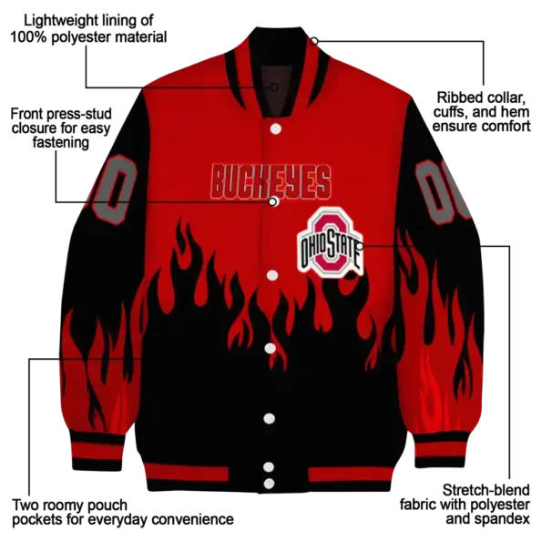customized ohio state buckeyes flame border scarlet black varsity jacket new arrival.webp