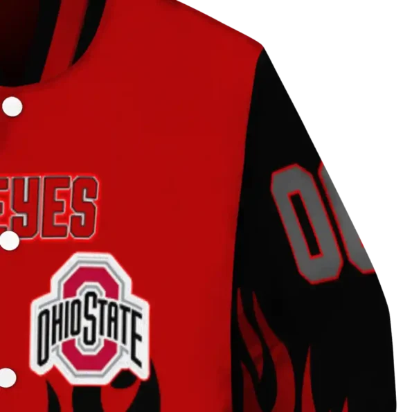 customized ohio state buckeyes flame border scarlet black varsity jacket premium grade.webp