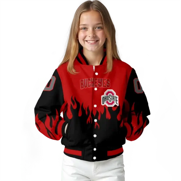 customized ohio state buckeyes flame border scarlet black varsity jacket top rated.webp