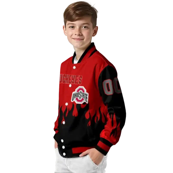 customized ohio state buckeyes flame border scarlet black varsity jacket trendy.webp