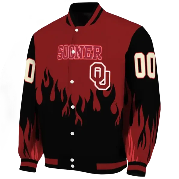 customized oklahoma sooners flame border crimson black varsity jacket best selling.webp
