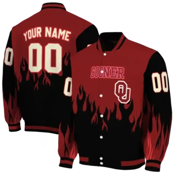 customized oklahoma sooners flame border crimson black varsity jacket fashion forward.webp